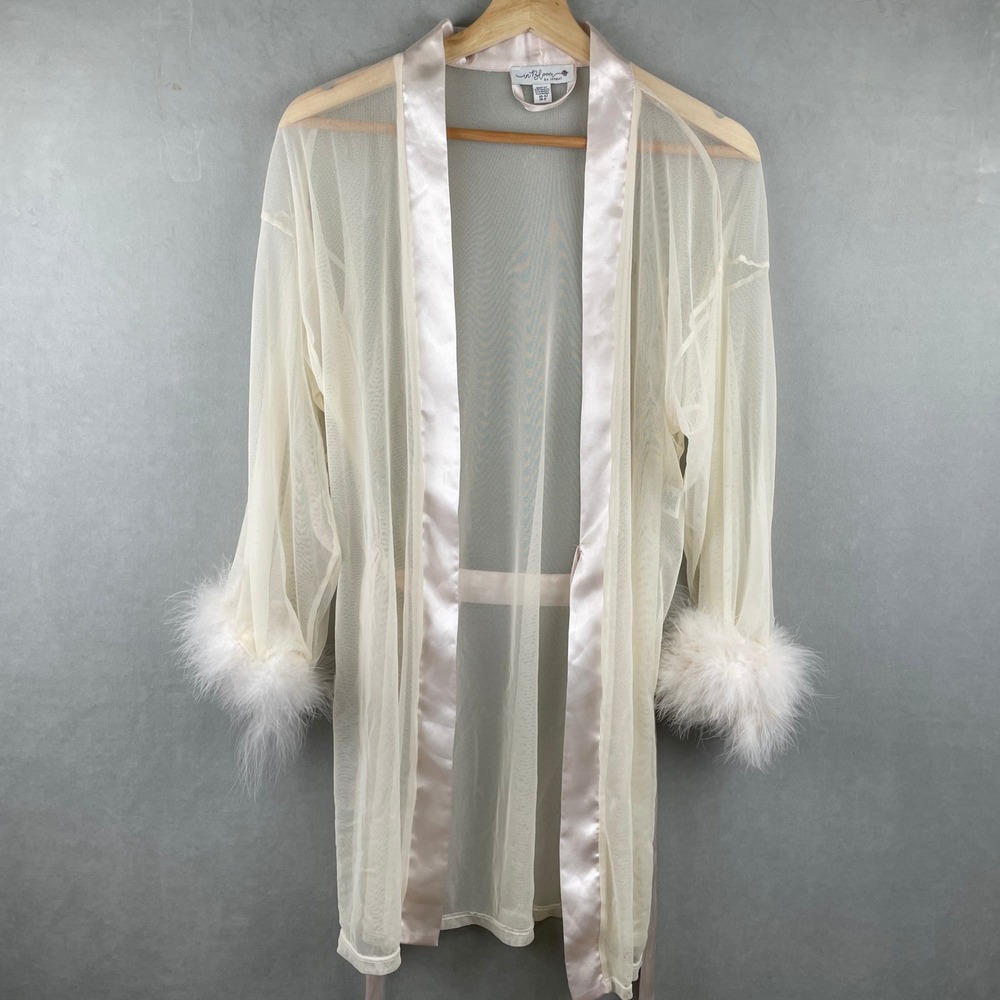 In‎ Bloom by Jonquil Ivory Mesh Robe Feather Cuff Satin Trim Angelcore Wmns XS-S